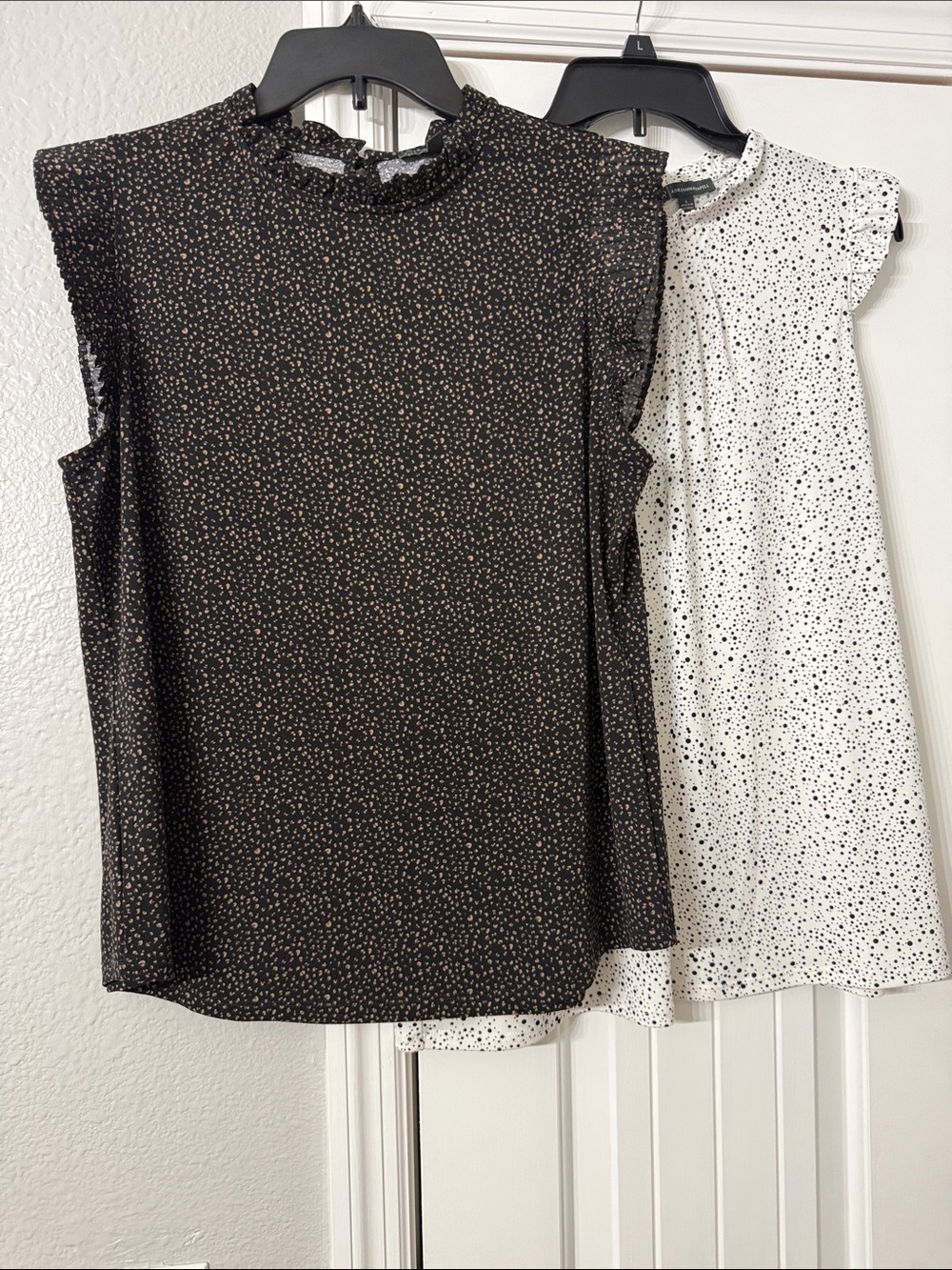 2 Sleeveless Ruffle Neck Dot Print Tops- Black with Tan & White with Black